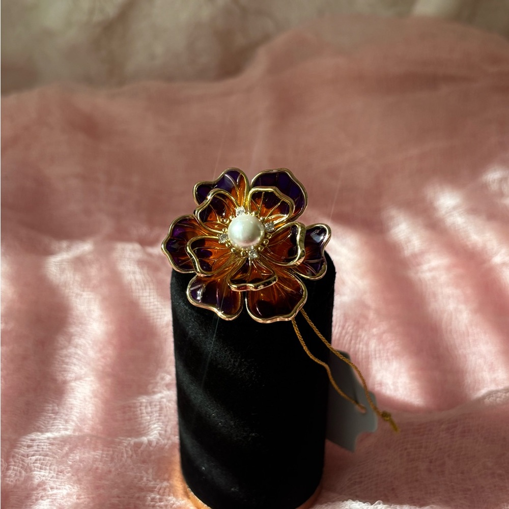 New Floral Gold Orange and Purple Ring, Adjustable